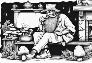 a mushroom with a long grey beard wearing a tunic and a floppy hat sitting on a bench by a fireplace drinking from a wood cup, smiling tattoo idea