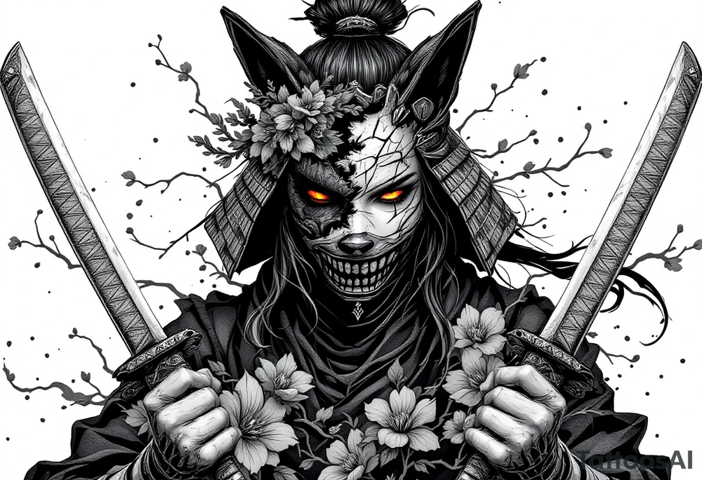 Woman samurai with red eyes wearing an half and broken kitsune mask, holding 
two katanas and Sakura flowers ornement tattoo idea