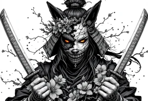 Woman samurai with red eyes wearing an half and broken kitsune mask, holding 
two katanas and Sakura flowers ornement tattoo idea