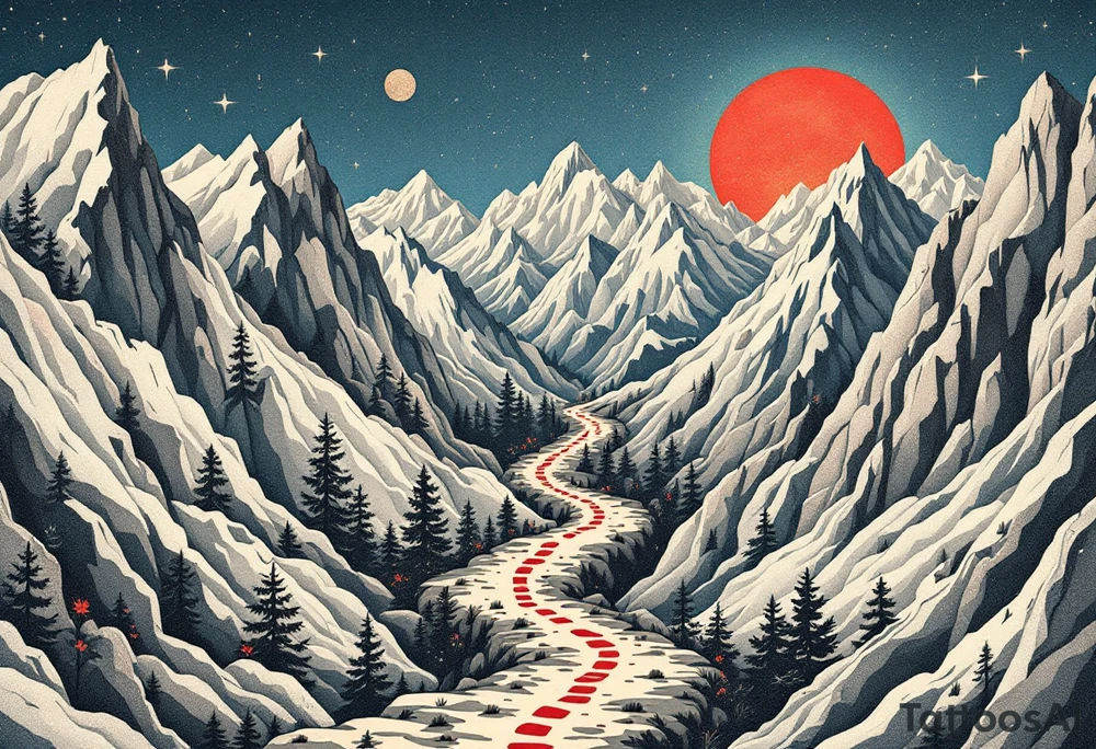 „I nejdelsi cesta zacina prvnim krokem.“ — A winding trail through mountain peaks in soft grays, with a single red bootprint and the proverb written in the sky. tattoo idea