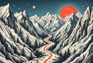 „I nejdelsi cesta zacina prvnim krokem.“ — A winding trail through mountain peaks in soft grays, with a single red bootprint and the proverb written in the sky. tattoo idea