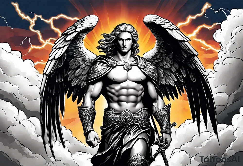 forearm sleeve of michael the archangel with clouds and lightning standing on rocks tattoo idea