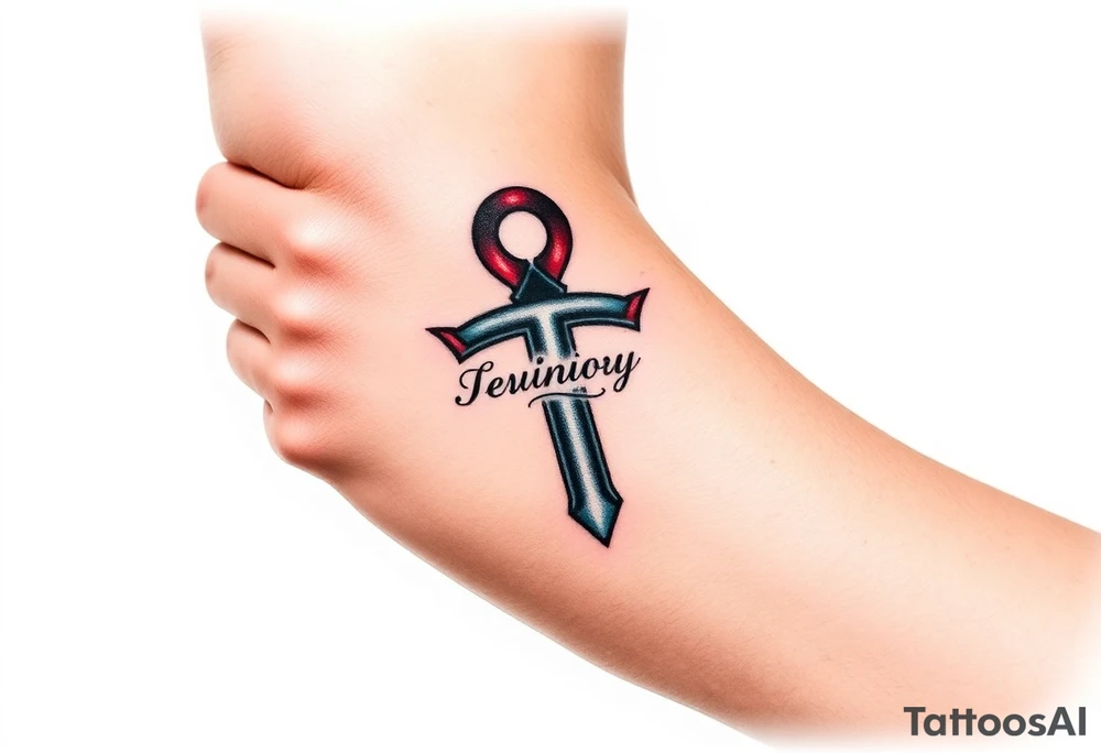 A Hand Holding an Ankh with a Name Written Inside(only red , blue and black are possible colors) tattoo idea