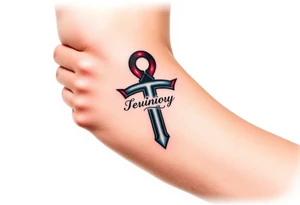 A Hand Holding an Ankh with a Name Written Inside(only red , blue and black are possible colors) tattoo idea