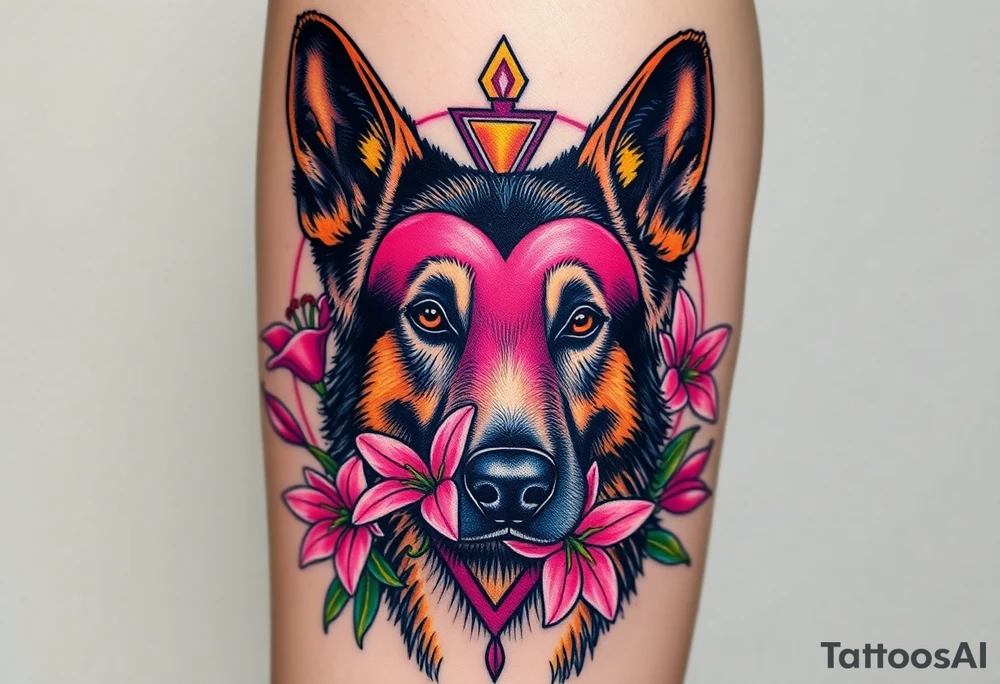 realistic german shepherd with alert ears looking protective with pink lilies in front of a sacred heart tattoo idea