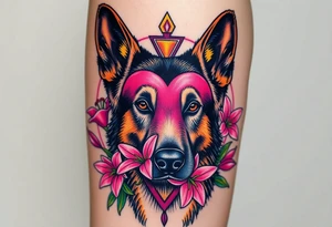 realistic german shepherd with alert ears looking protective with pink lilies in front of a sacred heart tattoo idea