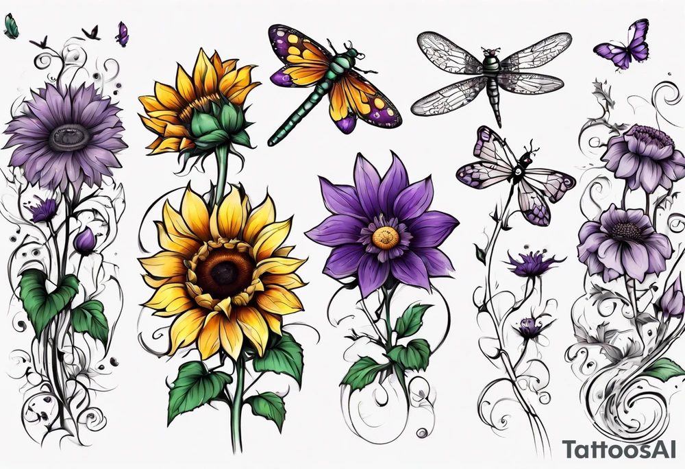 Arm sleeve, sunflowers, dragonflies, three cosmos flower, one violet, one carnation, vines , leaves, butterflies and bees tattoo idea