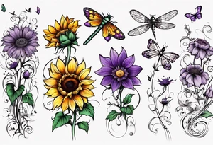 Arm sleeve, sunflowers, dragonflies, three cosmos flower, one violet, one carnation, vines , leaves, butterflies and bees tattoo idea
