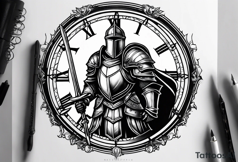 knight with heavy armor clock surround tattoo idea