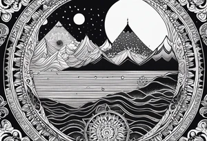 Circular Mandala Design. In the Center a half moon that is dripping water Drops into the sea. Around that a sun. Around that Mountains Made of wavy lines. tattoo idea