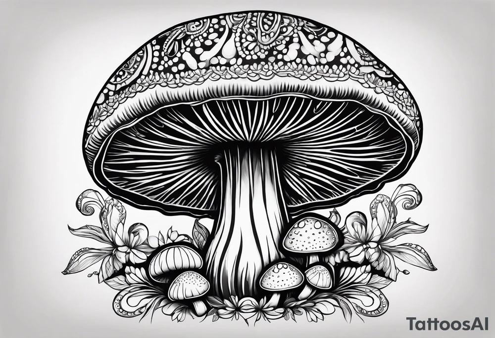 Large Shaggy cap mushroom dripping ink off cap with 4 smaller mushrooms around it mandala henna black tattoo design tattoo idea