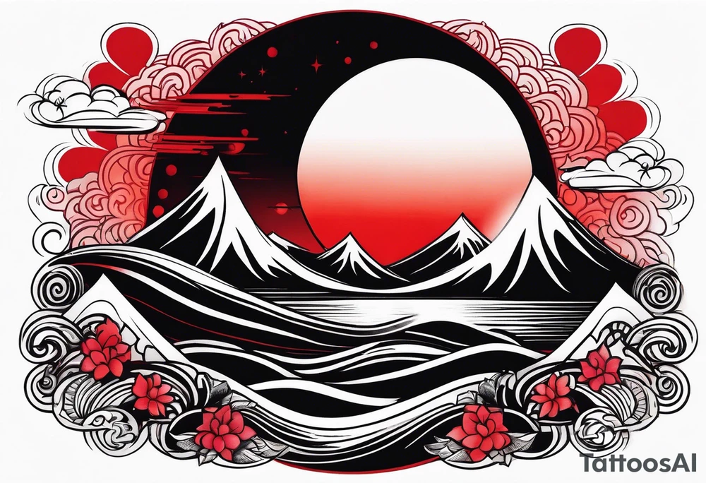 black solar eclipse with red light shining behind it, dark fantasy landscape tattoo idea