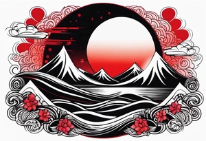 black solar eclipse with red light shining behind it, dark fantasy landscape tattoo idea