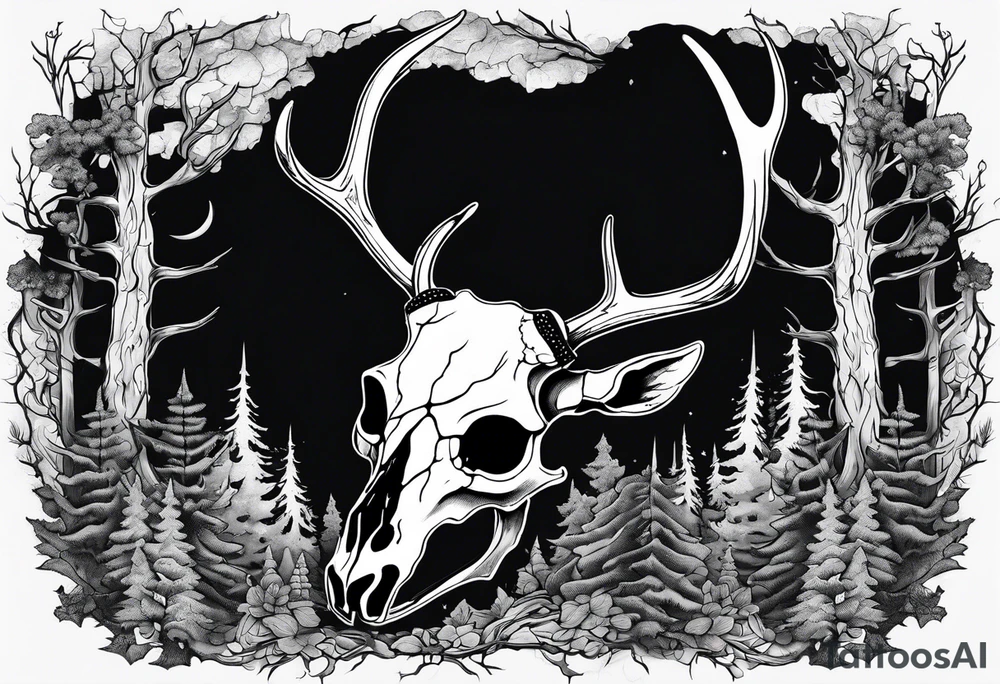 A SCARY side view of a decayed deer skull NO SKIN JUST BONE surrounded by a forest fire in background tattoo idea