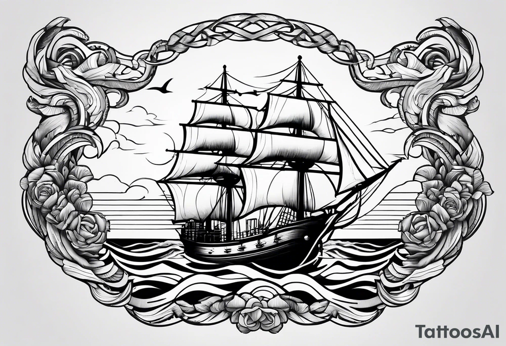 a ship anchor with a large S through the anchor and angle wings on the left and right side. ocean waves in the background tattoo idea