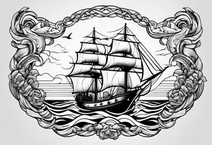 a ship anchor with a large S through the anchor and angle wings on the left and right side. ocean waves in the background tattoo idea