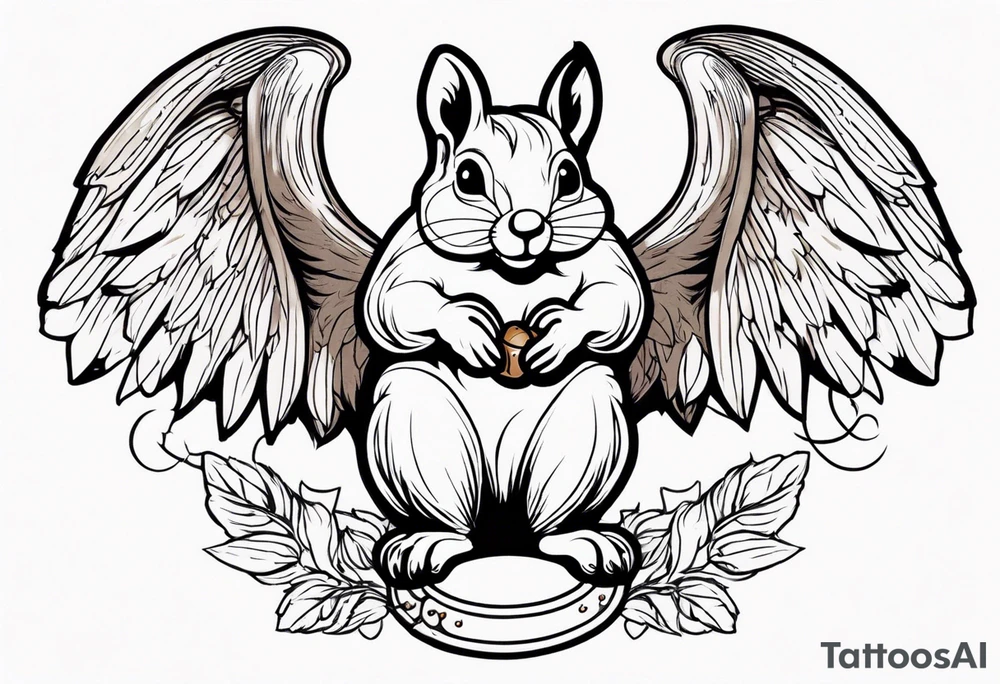Squirrel with angel wings holding a nut tattoo idea