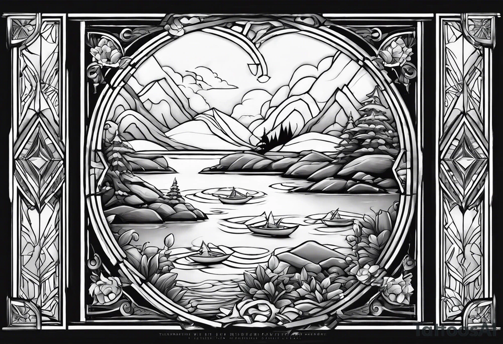 The three lake guardians from the gen 4 pokemon games azelf uxie and mesprit holding eachother with their eyes closed with a aggressive and sharp border kind of like a window frame but has a alternative style to it. tattoo idea