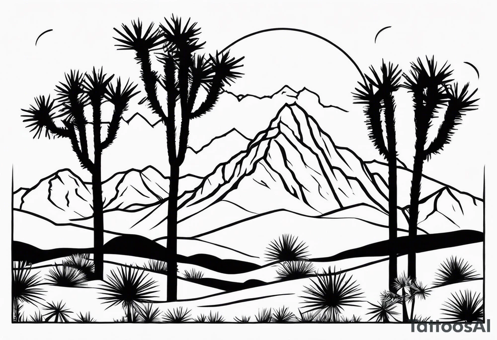 A dessert with joshua trees transitioning to pine trees and mountains tattoo idea