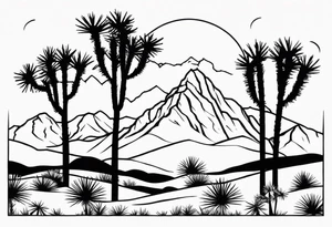 A dessert with joshua trees transitioning to pine trees and mountains tattoo idea