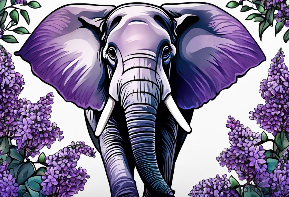 Elephant face covered in lilacs tattoo idea