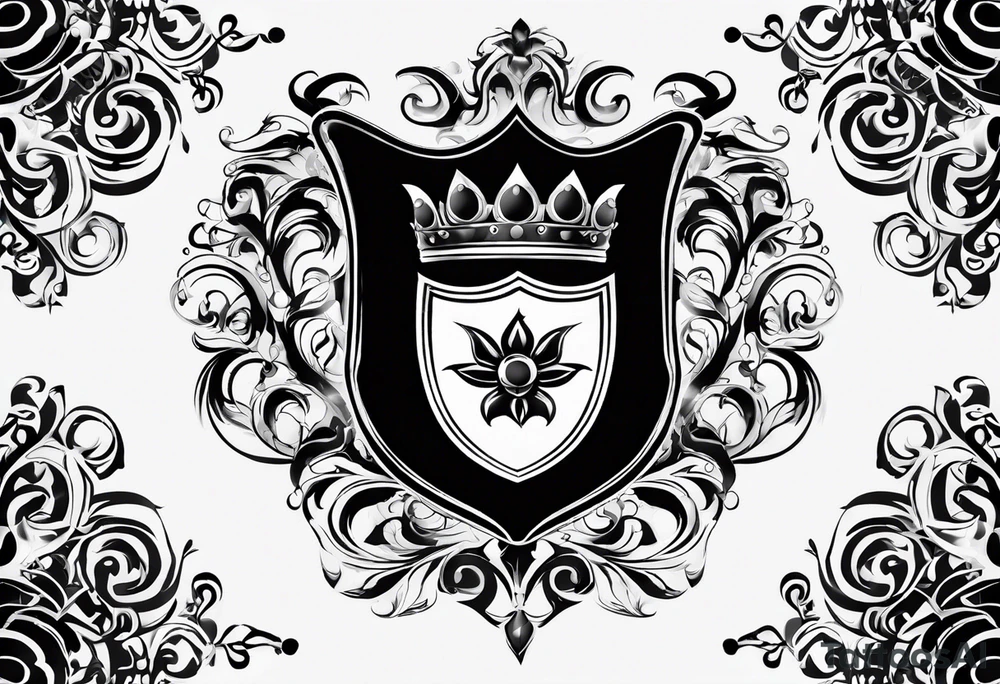 Design a large chest shield the includes the upper shoulder.  The theme should be family forever.  In the center of the chest shield will be the family crest. tattoo idea