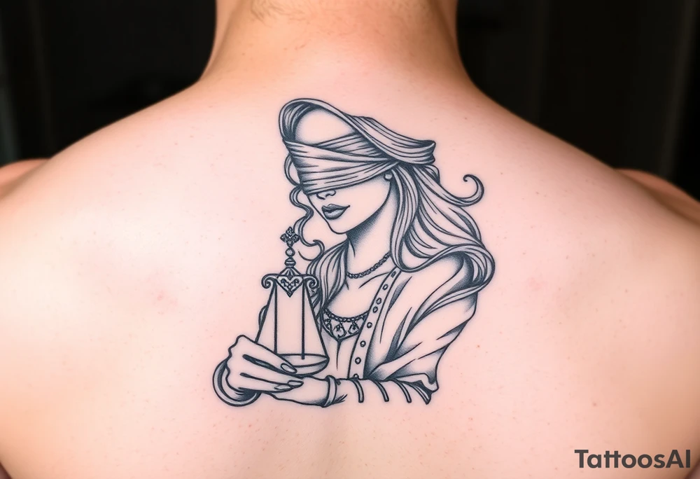 Fortuna's card as a beautiful woman with eyes covered with material, holds a scale in her hands tattoo idea