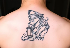 Fortuna's card as a beautiful woman with eyes covered with material, holds a scale in her hands tattoo idea