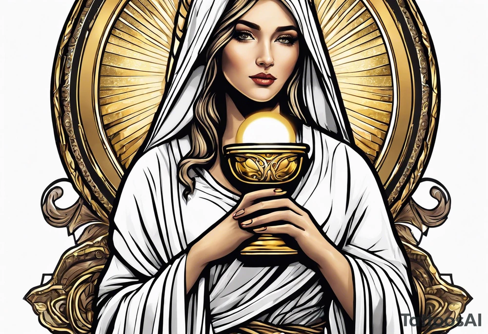 woman saint holding chalice surrounded by golden halo portrait tattoo idea