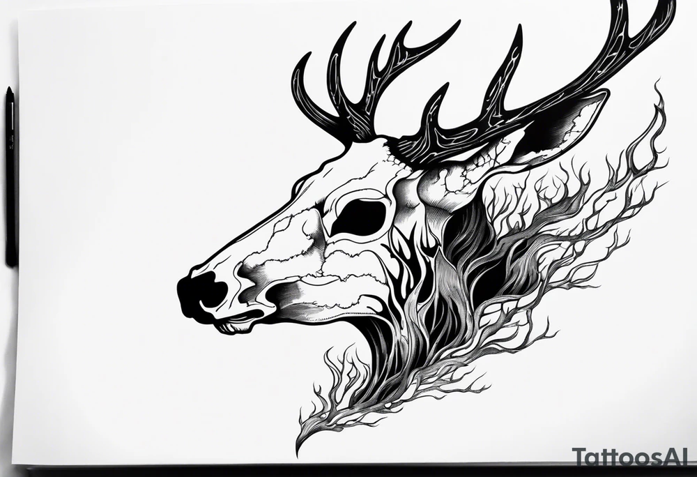 Scary side profile of a DECAYING deer skull JUST BONE surrounded by a flames and trees in background tattoo idea