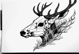 Scary side profile of a DECAYING deer skull JUST BONE surrounded by a flames and trees in background tattoo idea
