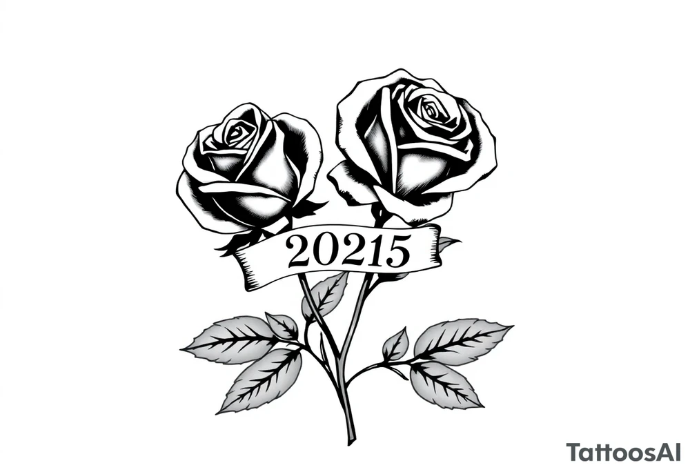 two beautiful large rose buds, one larger than the other, with many leaves next to the rose buds, with one sitting higher than the other. Include a banner connecting the two roses with "2025" on it.   Use dark outlines with little shading. The two stems should be short, not long, and connect and join into one stem, whimsically curved or twisted - not straight down. tattoo idea