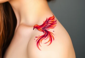 Phoenix rising from the ashes with the colors red, pink, orange and purple. Size 3 cm wide and 5 cm high tattoo idea