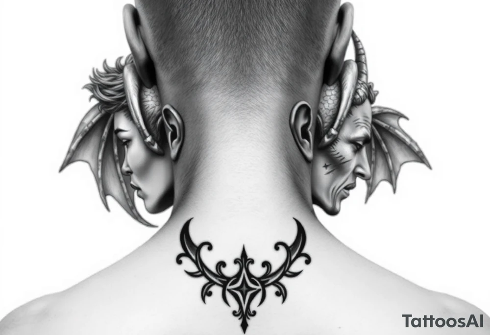 position behind the neck Angel (on the right) whispering in the right ear, demon (on the left) whispering in the left ear. It must be as realistic as possible. tattoo idea