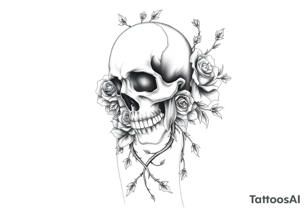 gothic skull intertwined with climbing roses and thorny vines tattoo idea