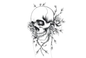 gothic skull intertwined with climbing roses and thorny vines tattoo idea