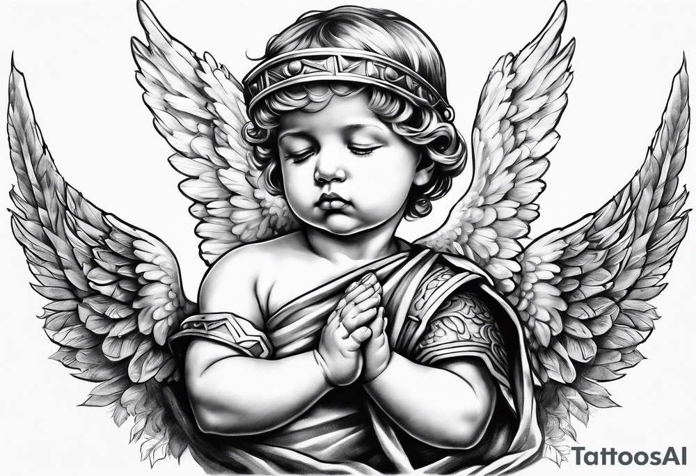 Praying baby Angel, with a Roman warrior looking up behind it tattoo idea