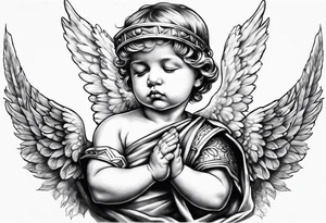 Praying baby Angel, with a Roman warrior looking up behind it tattoo idea