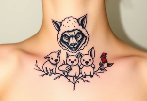 Big bad wolf nursery rhyme wearing a sheep costume with sheep head hood to kill and eat the three little pigs and little red riding hood in the woods tattoo idea