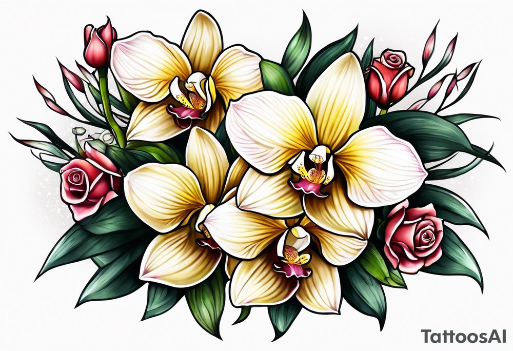 Cymbidium orchid and roses tattoo idea