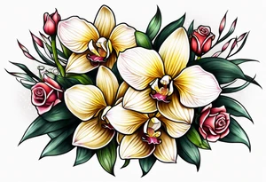 Cymbidium orchid and roses tattoo idea