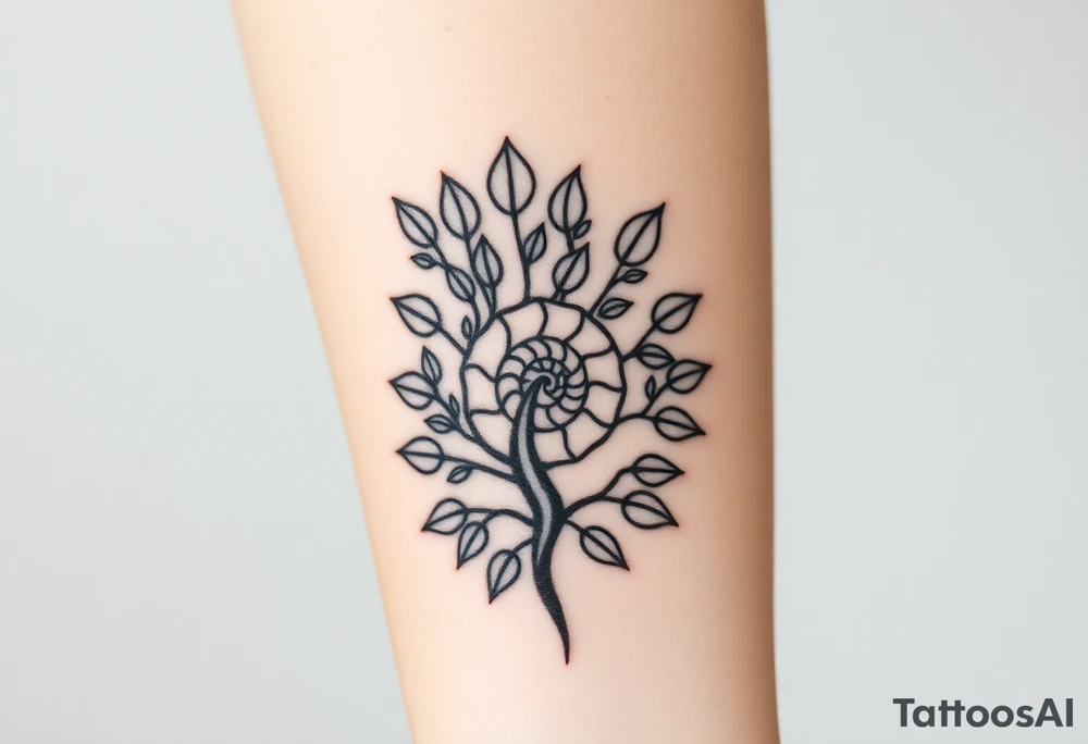 Fibonacci spiral shell inside of tree full of lots of leaves tattoo idea