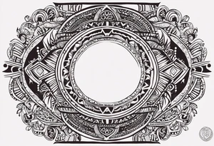 Ornement en longueur du coude à mi bras. Forme géométrique en longueur avec des signes aborigène australiens, un soleil, des vagues et des feuilles en rapport à l’Australie ou Bali. tattoo idea