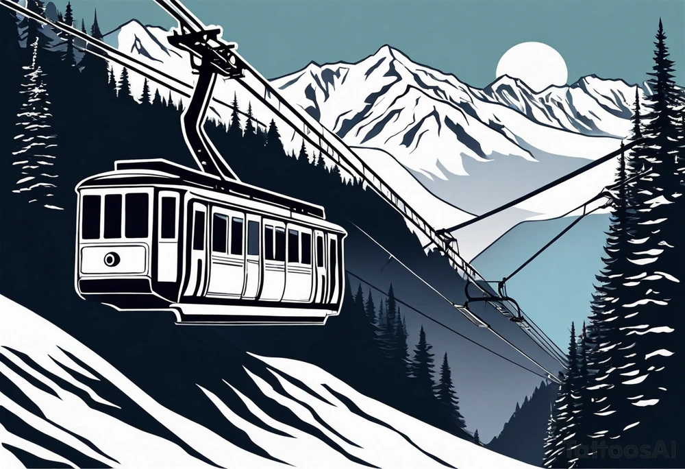 Create a large-scale tattoo design that starts at the lower back. The motif features a cable car ascending from a valley station into snowy mountains, leading to the top station. At the end of the cable car, it connects to a pair of ski goggles worn by a female head. In the lenses of the ski goggles, the snowy mountains should be reflected. Pay attention to realistic details of the mountains and the cable car, while the female head and ski goggles are stylized but clearly recognizable. The design should flow organically and extend upwards along the back. tattoo idea