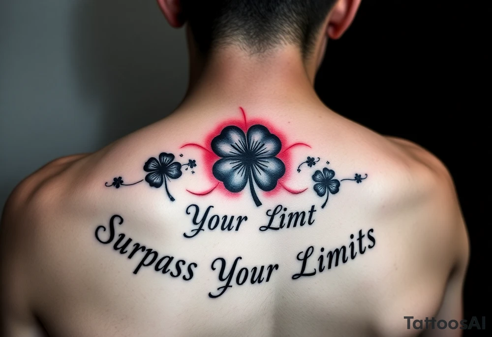 Black 5 leaf clovers ( with red aura ) surrounding the words “ Surpass Your Limits” FOREARM tattoo inspired by Black Clover anime tattoo idea