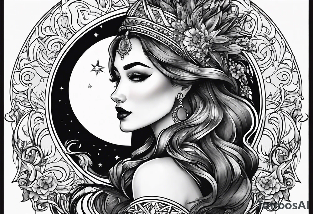 Hot woman in dress riding a crescent moon tattoo idea