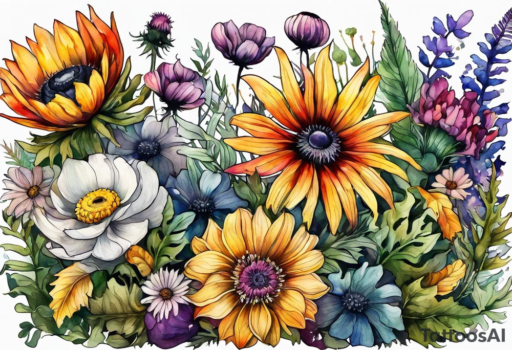wildflowers with thistles, ferns, ranuculus, white anemones with black center, sun flowers, mixed color flowers and different shapes all in watercolor tattoo idea