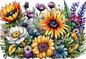 wildflowers with thistles, ferns, ranuculus, white anemones with black center, sun flowers, mixed color flowers and different shapes all in watercolor tattoo idea