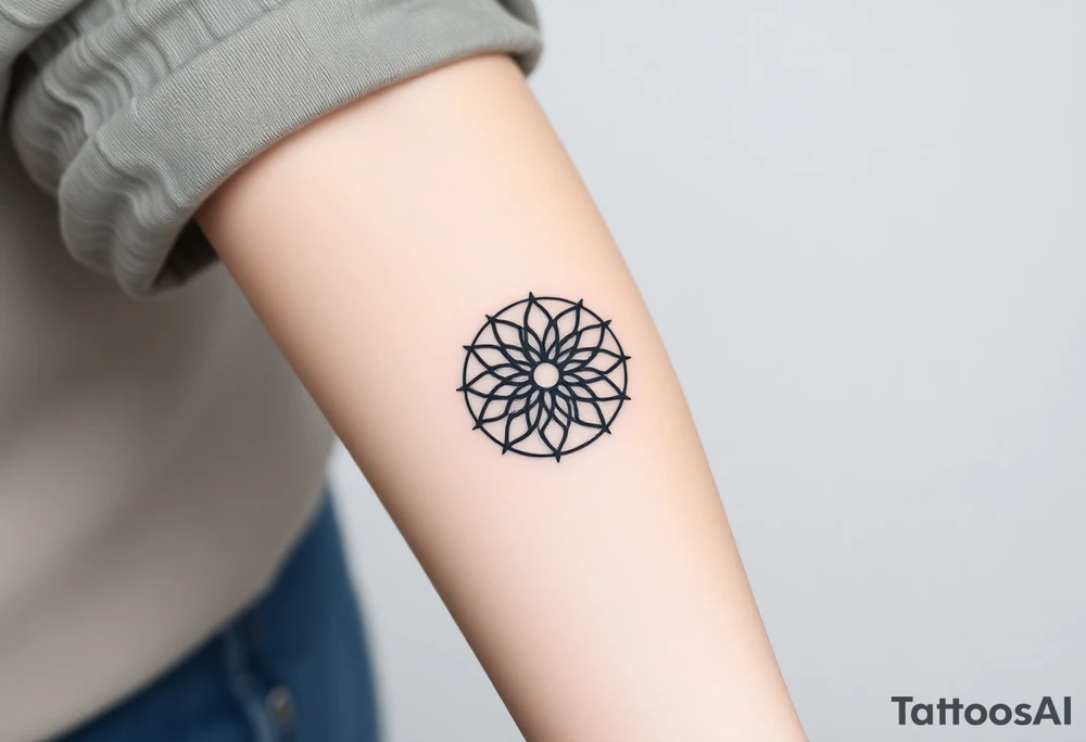 A minimalist black ink Flower of Life, centered on the forearm, with perfect geometric symmetry in cyrcle round tattoo idea