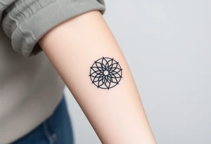 A minimalist black ink Flower of Life, centered on the forearm, with perfect geometric symmetry in cyrcle round tattoo idea